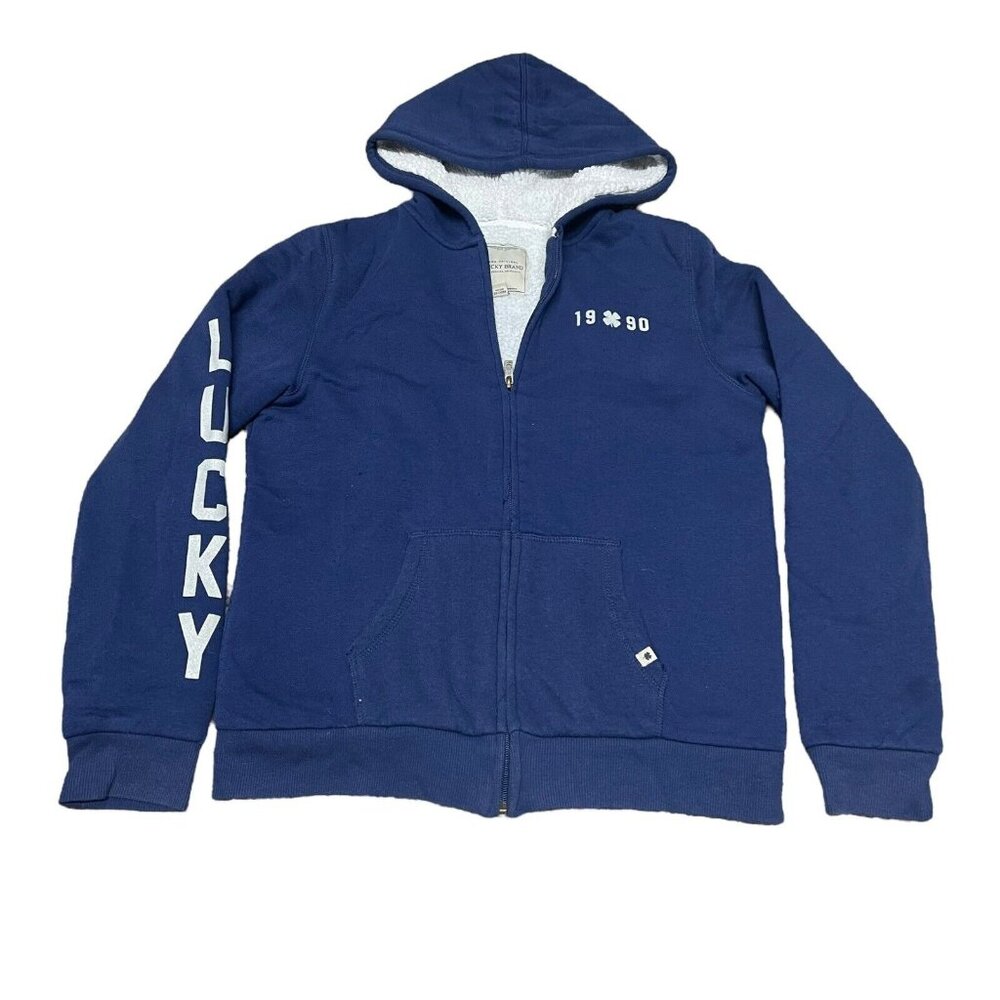 Lucky Brand Navy Youth Full Zip Fleece Hoodie Jacket W Sherpa Lining SZ L 14 16